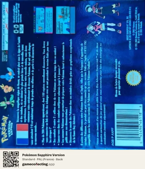 Pokémon Sapphire Version Game Boy Advance, France box back