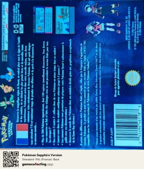 Pokémon Sapphire Version Game Boy Advance, France box back