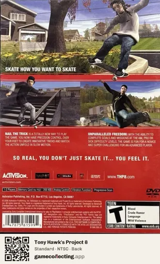 Tony Hawk's Project 8 PlayStation 2, NTSC box back