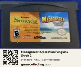 Madagascar: Operation Penguin / Shrek 2 Game Boy Advance, NTSC cartridge label