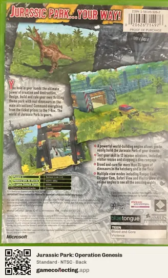 Jurassic Park: Operation Genesis Xbox, NTSC box back