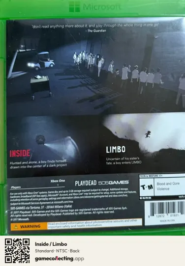 Inside / Limbo Xbox One, NTSC box back