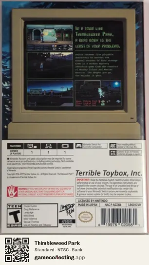 Thimbleweed Park Nintendo Switch, NTSC box back