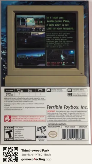 Thimbleweed Park Nintendo Switch, NTSC box back