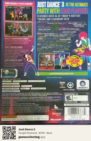 Just Dance 3 Xbox 360, NTSC box back