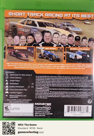 SRX: The Game Xbox Series X, NTSC box back