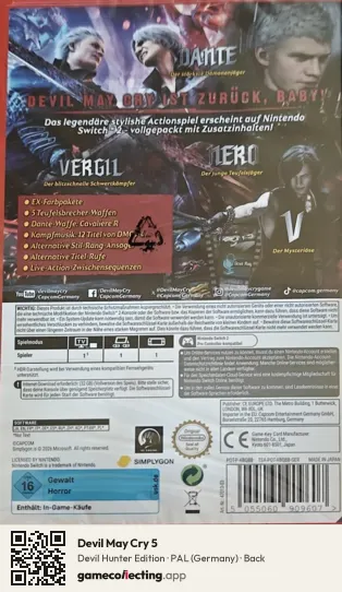 Devil May Cry 5 Nintendo Switch 2, Germany box back