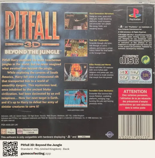 Pitfall 3D: Beyond the Jungle PlayStation, United Kingdom box back