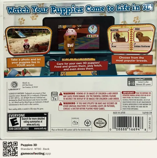 Puppies 3D Nintendo 3DS, NTSC box back