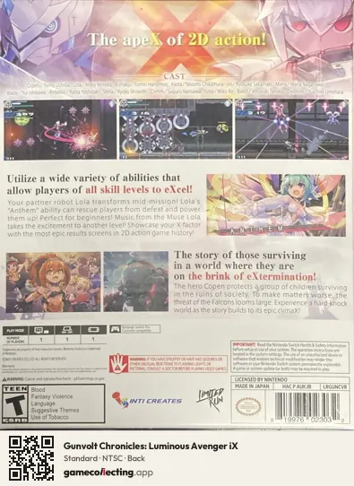 Gunvolt Chronicles: Luminous Avenger iX Nintendo Switch, NTSC box back