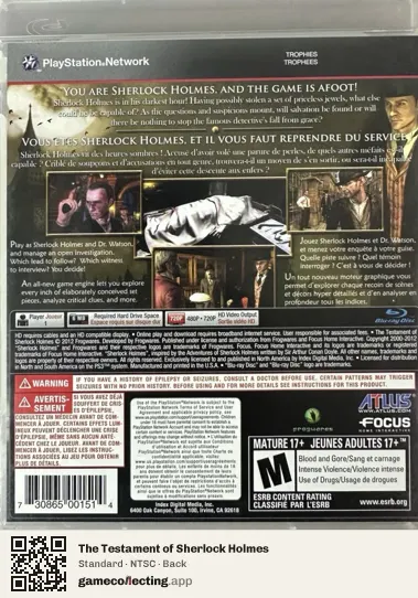 The Testament of Sherlock Holmes PlayStation 3, NTSC box back