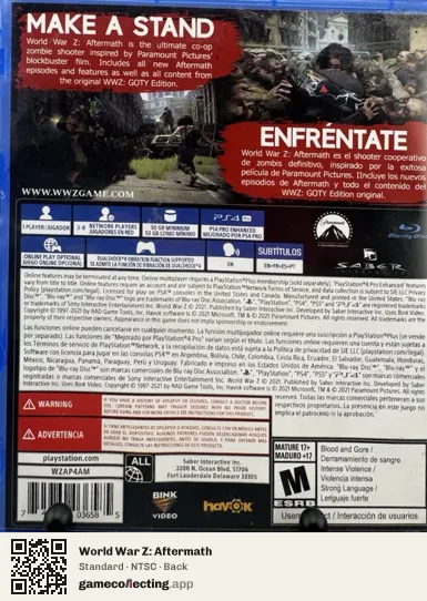 World War Z: Aftermath PlayStation 4, NTSC box back