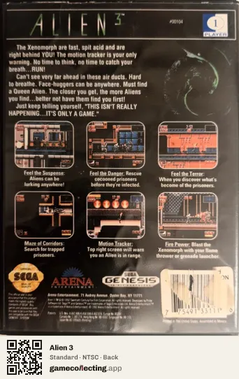 Alien 3 Sega Mega Drive / Genesis, NTSC box back