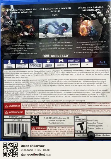 Omen of Sorrow PlayStation 4, NTSC box back