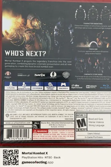 Mortal Kombat X PlayStation 4, NTSC box back