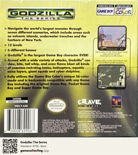 Godzilla: The Series Game Boy Color, NTSC box back