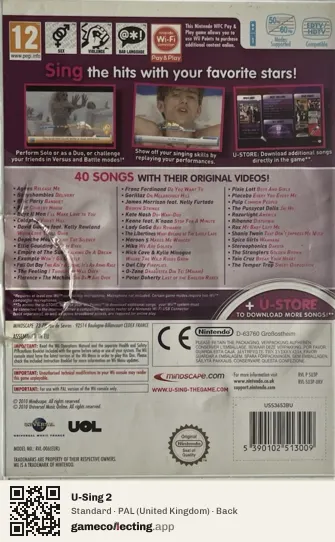 U-Sing 2 Nintendo Wii, United Kingdom box back