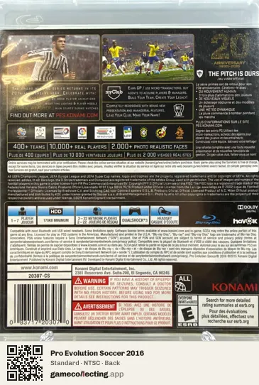 Pro Evolution Soccer 2016 PlayStation 3, NTSC box back