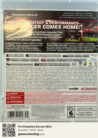 Pro Evolution Soccer 2014 PlayStation 3, NTSC box back