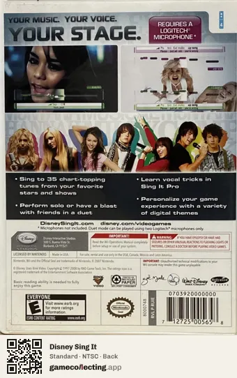 Disney Sing It Nintendo Wii, NTSC box back