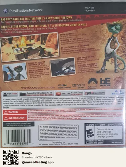 Rango PlayStation 3, NTSC box back