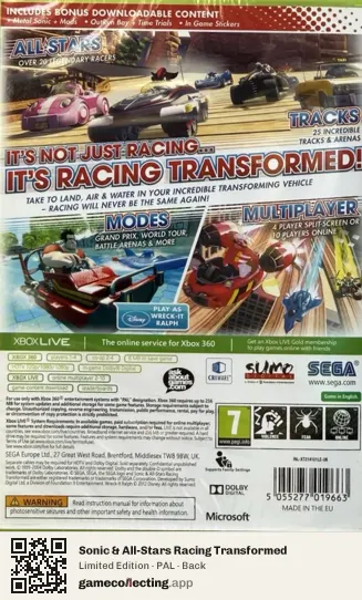 Sonic & All-Stars Racing Transformed Xbox 360, PAL box back