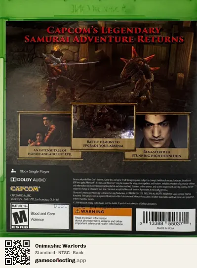 Onimusha: Warlords Xbox One, NTSC box back