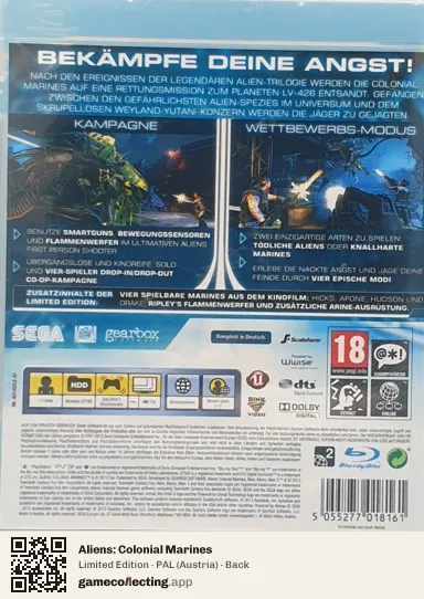 Aliens: Colonial Marines PlayStation 3, Austria box back