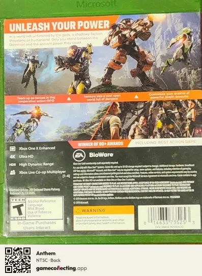 Anthem Xbox One, NTSC box back