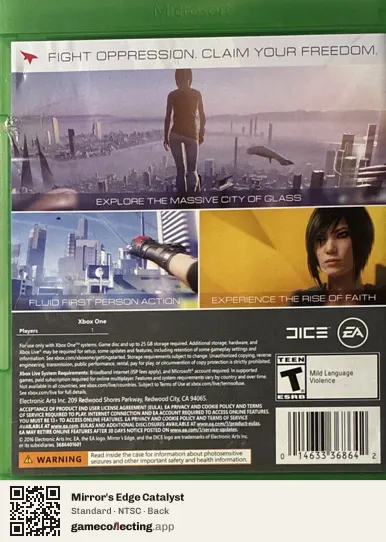 Mirror's Edge Catalyst Xbox One, NTSC box back