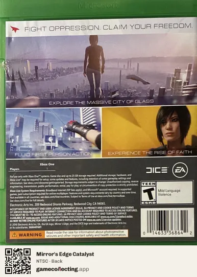 Mirror's Edge Catalyst Xbox One, NTSC box back
