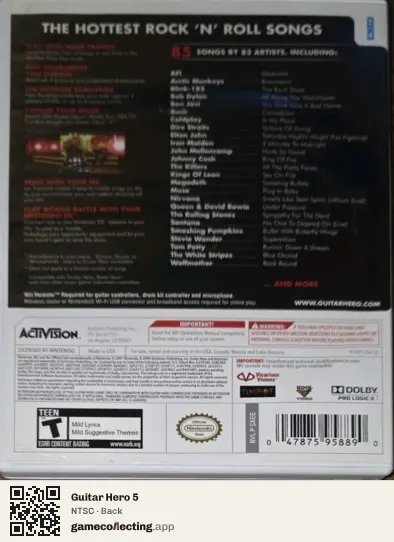 Guitar Hero 5 Nintendo Wii, NTSC box back