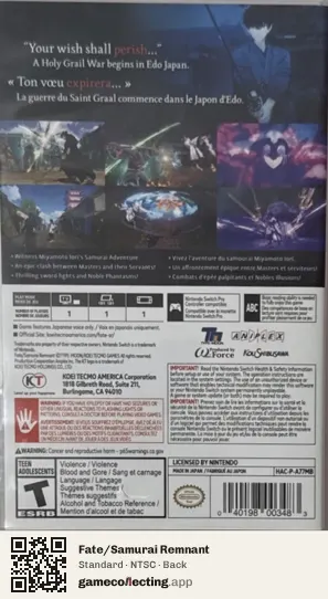 Fate/Samurai Remnant Nintendo Switch, NTSC box back