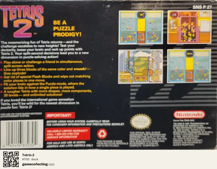Tetris 2 Super Nintendo Entertainment System, NTSC box back