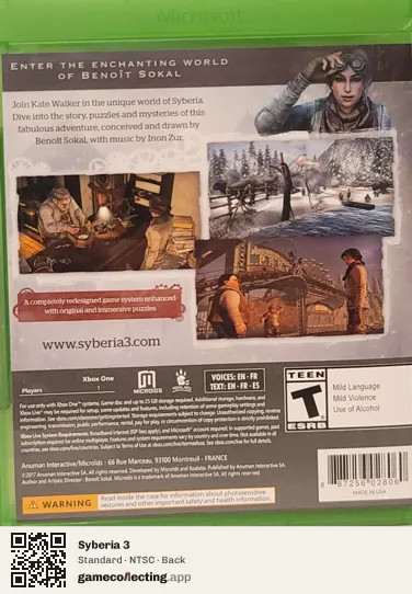Syberia 3 Xbox One, NTSC box back