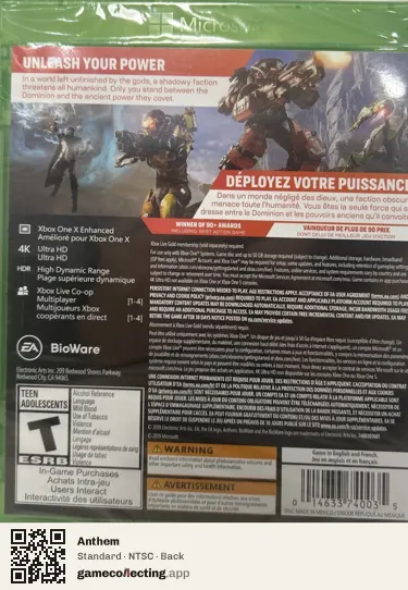 Anthem Xbox One, NTSC box back