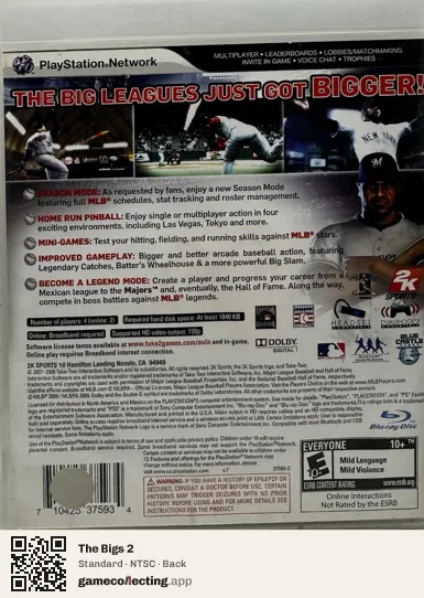 The Bigs 2 PlayStation 3, NTSC box back