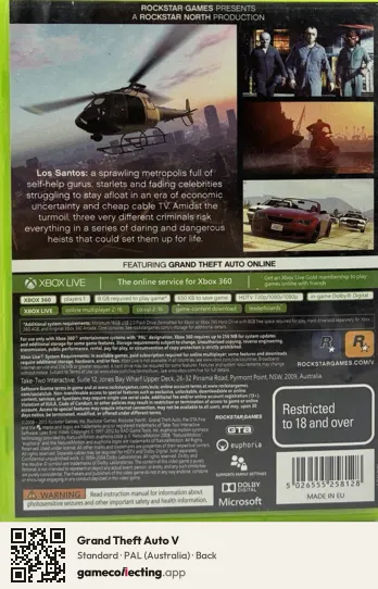 Grand Theft Auto V Xbox 360, Australia box back
