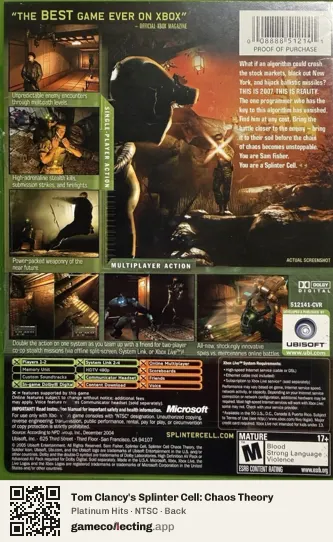 Tom Clancy's Splinter Cell: Chaos Theory Xbox, NTSC box back