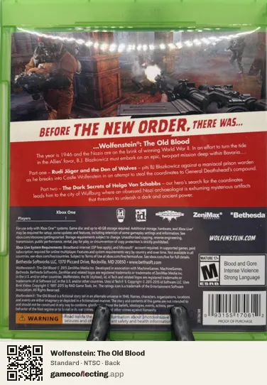 Wolfenstein: The Old Blood Xbox One, NTSC box back
