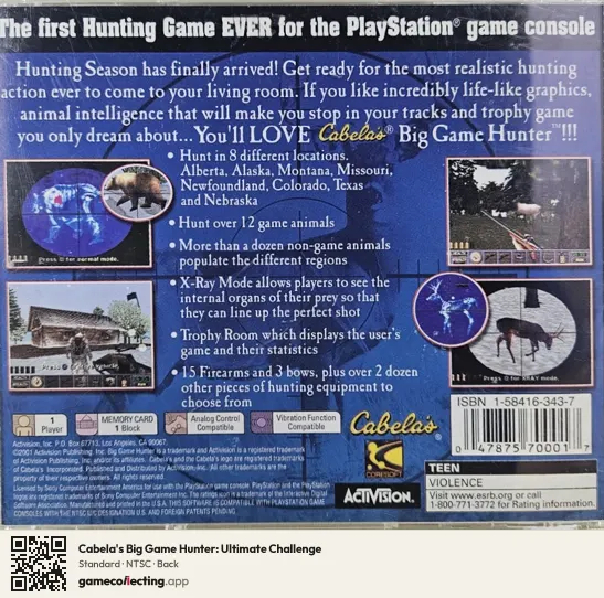 Cabela's Big Game Hunter: Ultimate Challenge PlayStation, NTSC box back