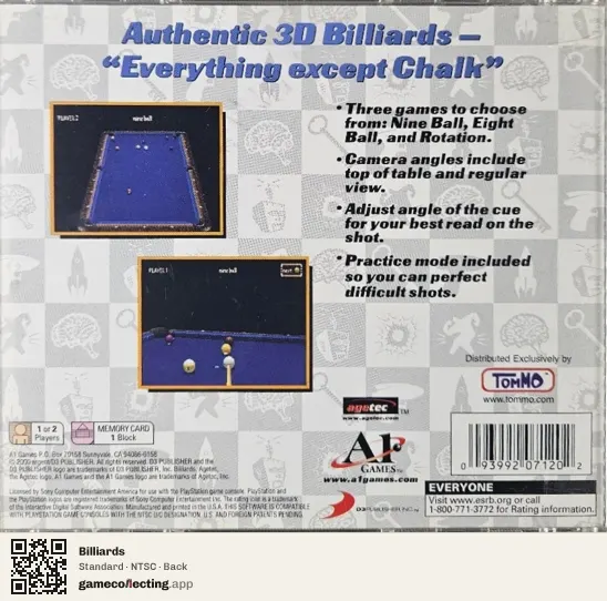 Billiards PlayStation, NTSC box back