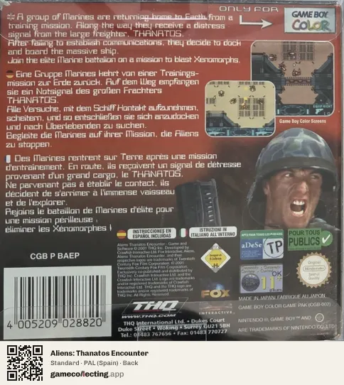 Aliens: Thanatos Encounter Game Boy Color, Spain box back