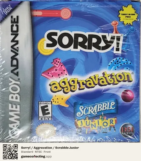 Sorry! / Aggravation / Scrabble Junior Game Boy Advance, NTSC box front