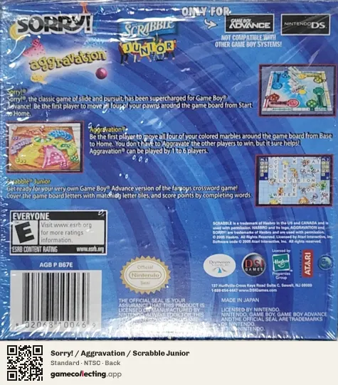 Sorry! / Aggravation / Scrabble Junior Game Boy Advance, NTSC box back