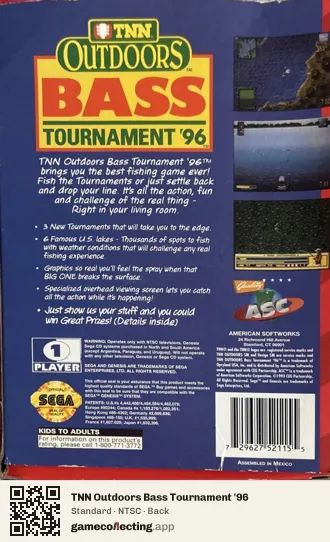 TNN Outdoors Bass Tournament '96 Sega Mega Drive / Genesis, NTSC box back