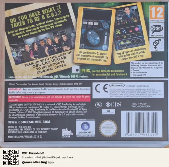 CSI: Unsolved! Nintendo DS, United Kingdom box back
