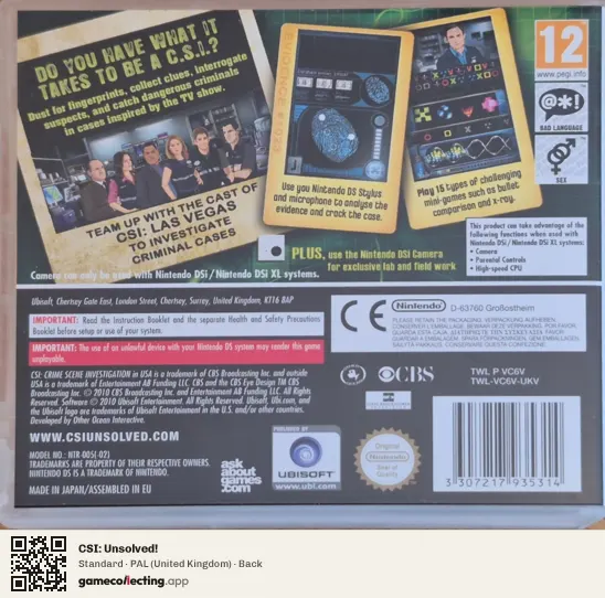 CSI: Unsolved! Nintendo DS, United Kingdom box back