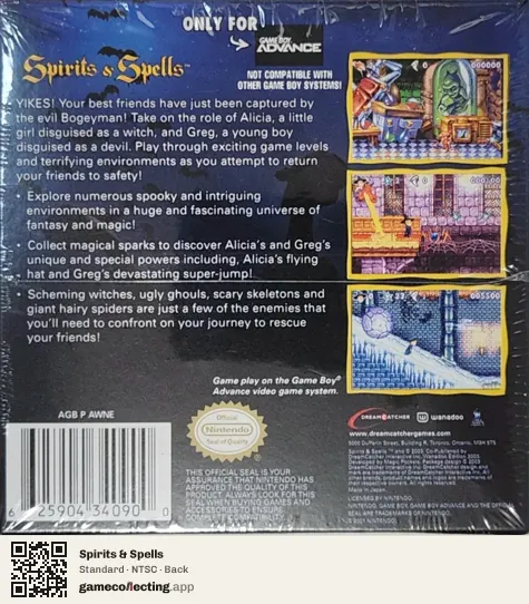 Spirits & Spells Game Boy Advance, NTSC box back