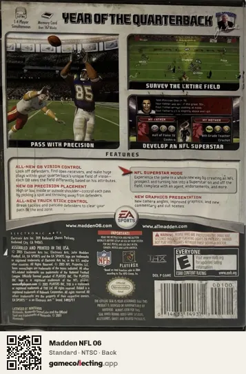 Madden NFL 06 Nintendo GameCube, NTSC box back